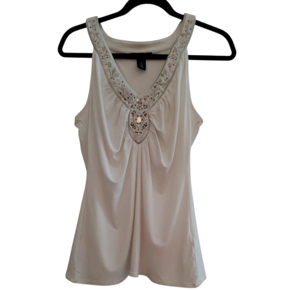 White House Black Market White V-neck Embellished Ruched Halter Tank Top Size M